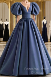 Dusty Blue Semi Formal Prom Dresses Puffy Sleeve Satin Ball Gown